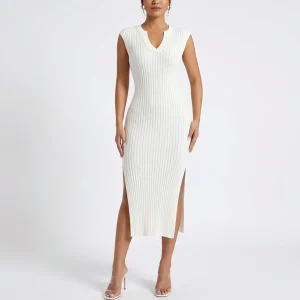 Ribbad Maxiklänning Dam – V-ringad Bodycon Klänning med Slits – Stretchig Sommarklänning