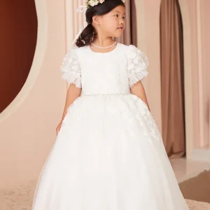 Puff Sleeve Round Neck Flowers Girl Dress by TIPTOP KIDS - AS5861