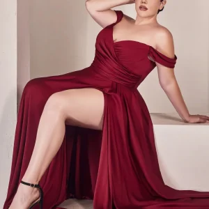 Off The Shoulder Satin A-Line Slit Gown By Ladivine 7493C - Curves