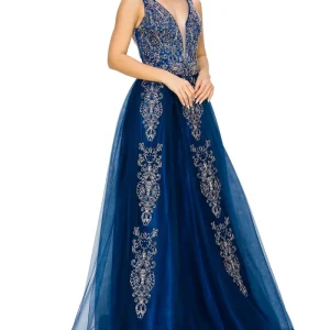 Navy Floral Glitter Tulle Dress by Cinderella Couture USA AS8029J-NAVY - Special Occasion/Curves