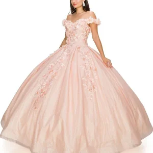 Off the Shoulder Floral Lace Tulle Quinceanera Dress by Cinderella Couture USA AS8020J-blush
