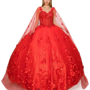 Floral Tulle Quinceanera Dress by Cinderella Couture USA AS8030J-red