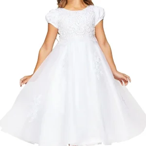 Puff Sleeve Floral Pearl Bead Lace Tulle Flower Girl Dress by Cinderella Couture USA AS2012