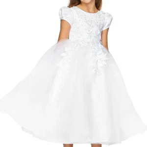 FLoral Stone Cap Sleeve Satin Tulle Flower Girl Dress by Cinderella Couture USA AS2013