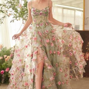 Floral Print Layered A-Line Gown by Andrea and Leo A1420 - Special Occasion
