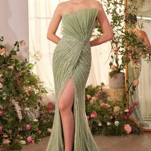 Pearl Beaded Tulle Leg Slit Gown by Andrea and Leo A1436 - Special Occasion/Curves