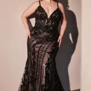 Embellished Plunging Neckline Tulle Gown By Ladivine CC0389C - Women Evening Formal Gown - Curves