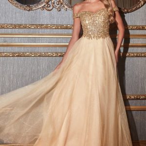 Sequns Lace Bodice and Tulle Off The Shoulder A-Line Dress by Cinderella Divine - CD0177 - Special Occasion
