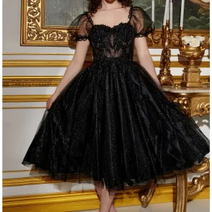 Puff Sleeves Corset Bodice Tea Length Short Tulle Dress by Cinderella Divine-CD0187