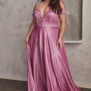 Off the Shoulder A-line Gown by Cinderella Divine CD210C - Special Occasion/Curves