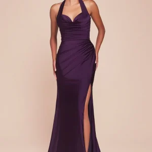 Satin Halter Neckline Leg Slit Gown by Cinderella Divine CD796 - Special Occasion (14-16 Size)