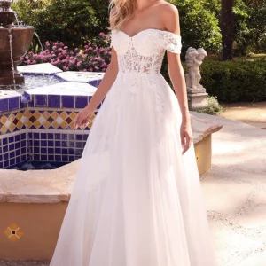 Off the Shoulder Lace Sheer Bodice A-line Bridal Gown by Cinderella Divine CD961W