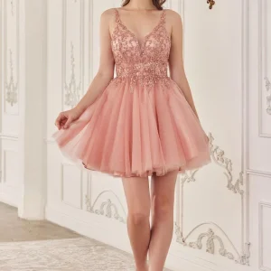 Beaded V-Neckline Layered Tulle Short Dress by Cinderella Divine CY022 - Special Occasion/Curves
