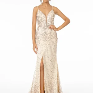 Elizabeth K - GL1844 - Illusion Deep V-Neck Dress