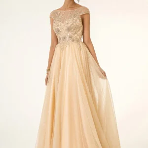 Elizabeth K - GL1954 - Mesh Boat-Neck Glitter Dress