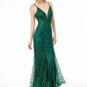 Elizabeth K - GL2938 - Mesh V-Neck Mermaid Dress