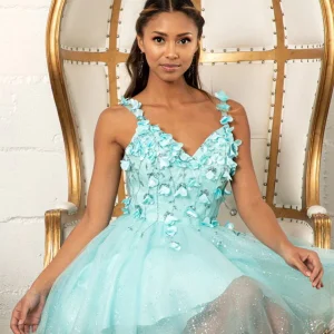 Elizabeth K - GS1999 - 3D Floral Applique Glitter V-Neck Cocktail Dress  - Short