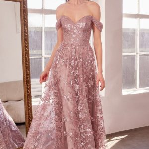 Glitter Off Shoulder A-Line Gown By Amoris T607 - Women Evening Formal Gown - Special Occasion