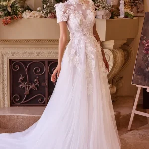 High Neckline Layered Tulle A-Line Bridal Gown by Andrea and Leo WL040