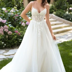 Deep Neckline A-Line Bridal Gown by Andrea and Leo WL087